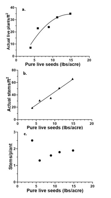 A figure describing the relationships between seeding rate and stems per plant, stems per square foot and live plants per square foot