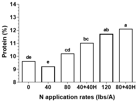 Bar graph showing the Protein response to nitrogen (N) application rates and timing 