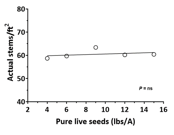 A plot graph that shows actual stems/ft2 y-axis and pure live seeds (lbs/A) x-axis
