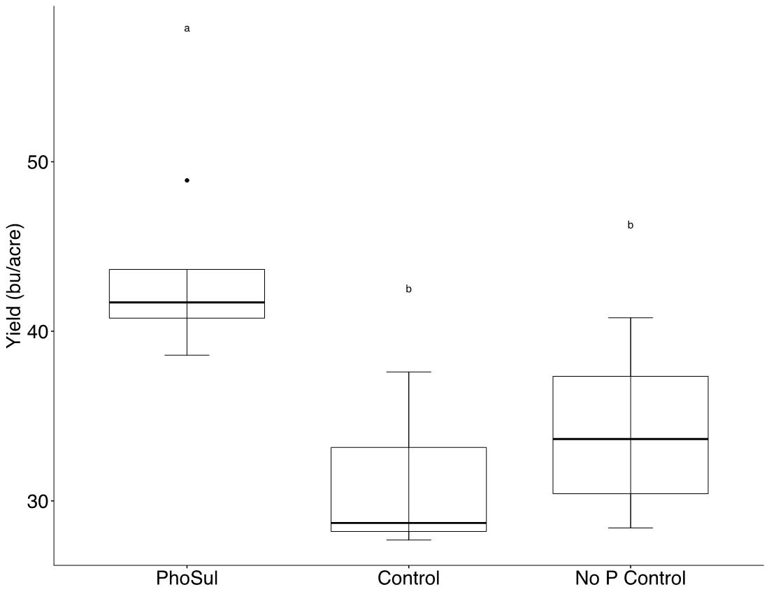 Box plot of winter wehat yields in 2021 (panel A) and 2022 (panel B). Left plot is winter wheat grown with PhoSul. Average was around 42 bushels per acre. Center plot is the control with starter fertilzer. Average yield was 28 bushels per acre in 2021 and 39 bushels per acre in 2022. Right plot is the control without starter fertilizer. Average yield was 34 bushels per acre in 2021 and 39 bushels per acre in 2022.