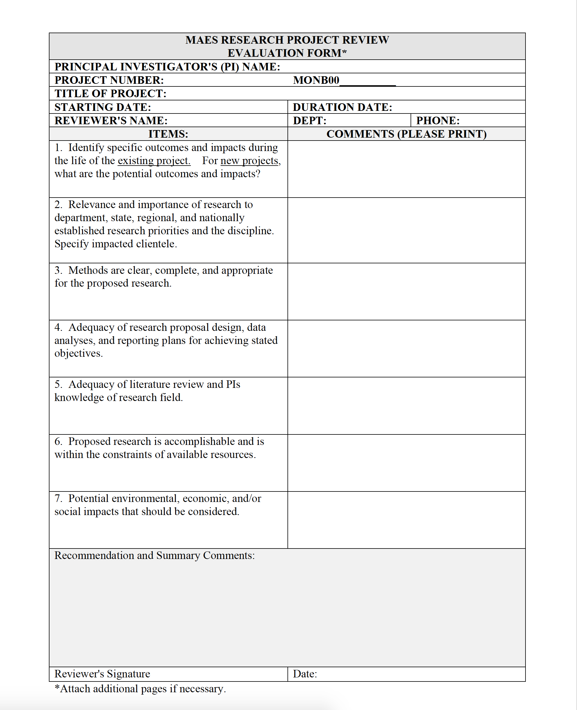 Project evaluation form