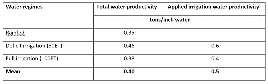 Figure 2. Water productivity of the rainfed and irrigated treatments based on evapotranspiration demand