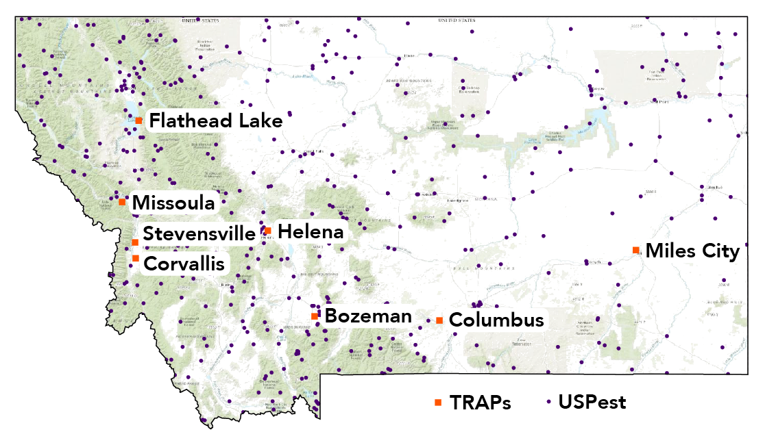 map of TRAPs and USPest degree-day model weather station locations