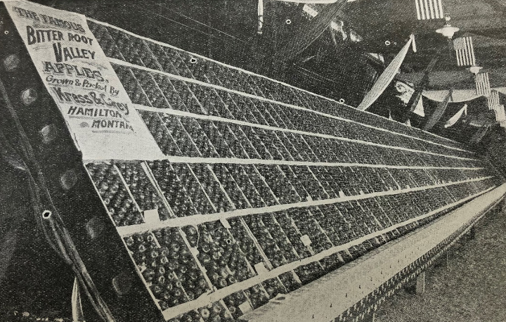 Montana Exhibit at the National Apple Show at Spokane, WA. Winning third prize in carload lot. 9th Annual Session of the Montana Horticultural Society, January 24-26, 1906. Montana Historical Society Archives.