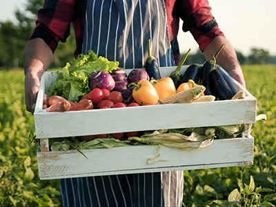 farmer holding wooden crate filled with vegetables