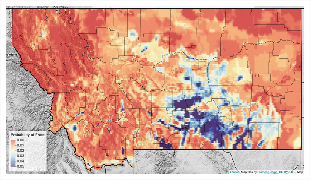 probability of frost for early developing apple cultivars map