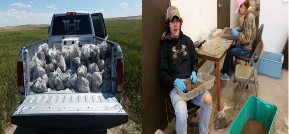 Two side by side images Left; the back of a flat bed truck full of bagged samples. Right; Two people looking through soil.